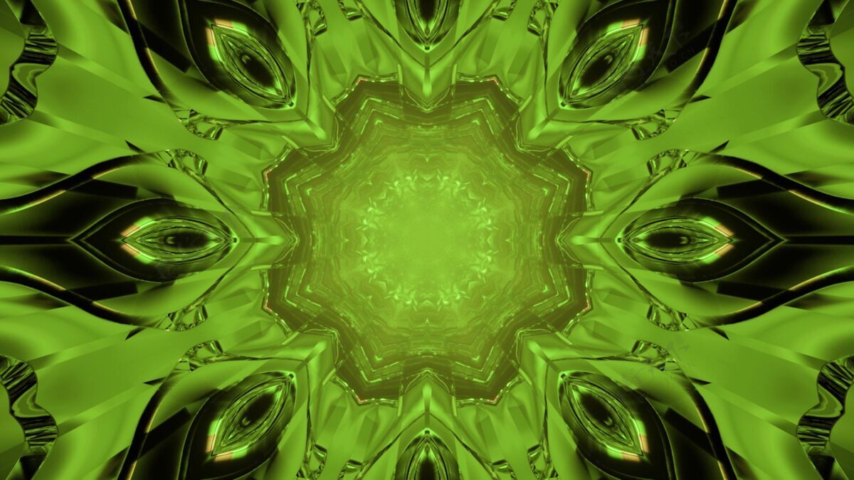 三维渲染抽象背景的三维插图万花筒隧道形状的花与绿色的光4k形状装饰