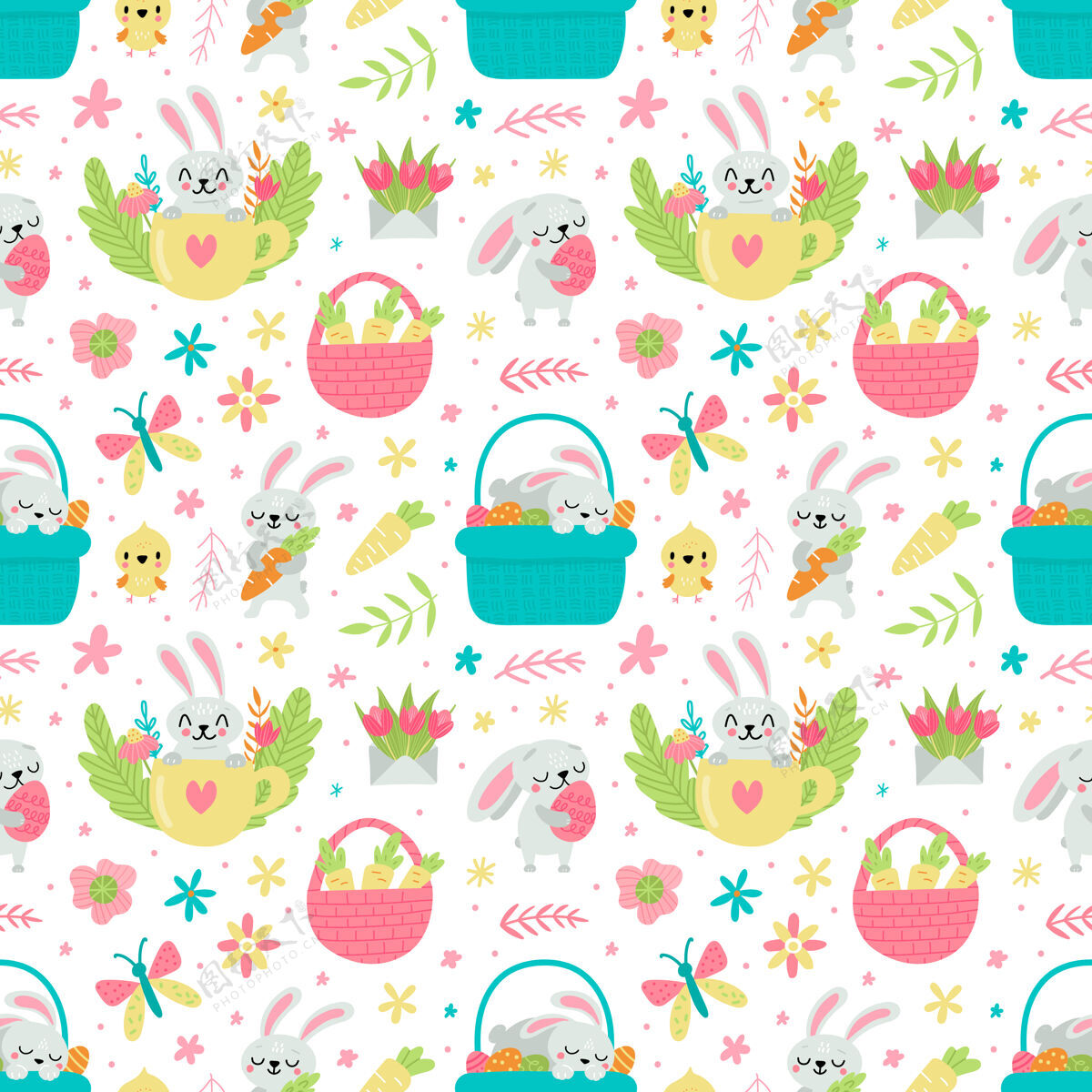 可爱复活节兔子和鸡蛋的无缝图案插图纹理抽象小