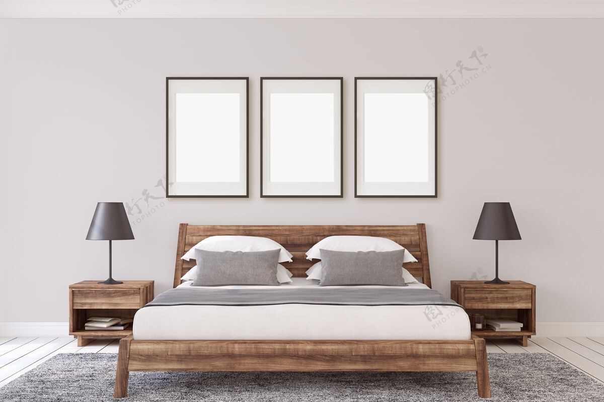 卧室内支架实体模型.木制卧室.3d渲染现代空的床