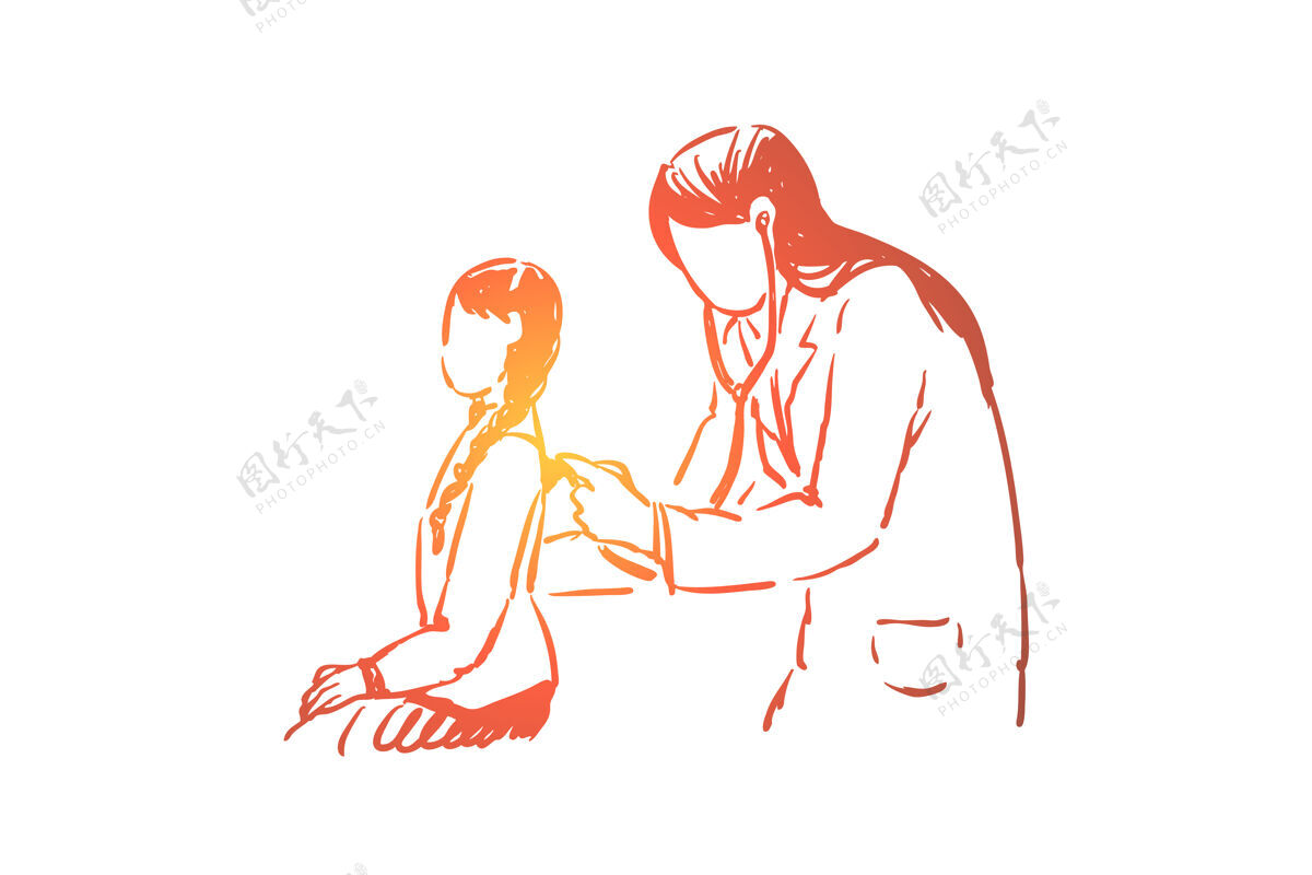 医生小女孩健康体检 女医生带听诊器插画儿科医生病人插图