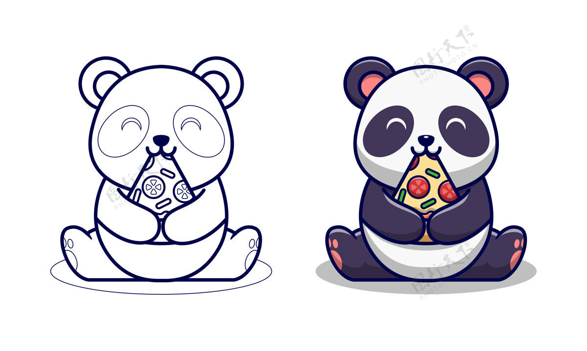 套装可爱的熊猫吃比萨饼卡通彩页给孩子们动物可爱扁平
