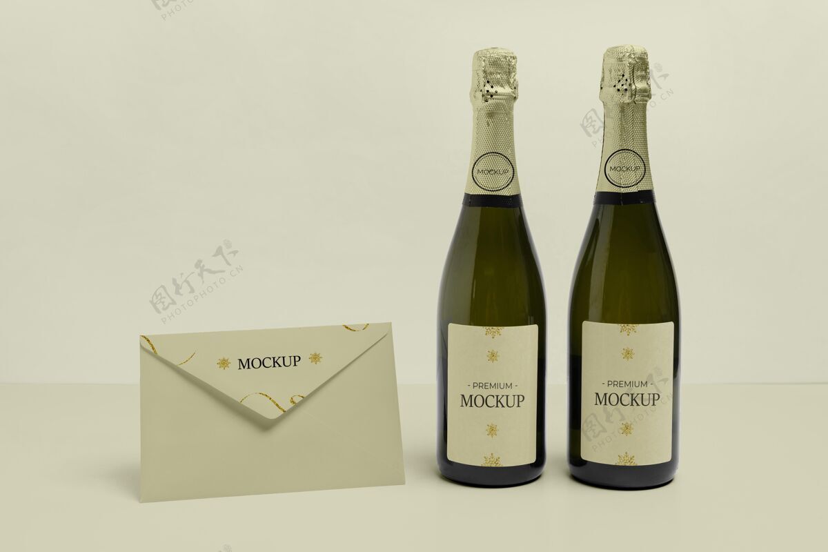 香槟前视图信封和香槟瓶模型2021庆祝酒精