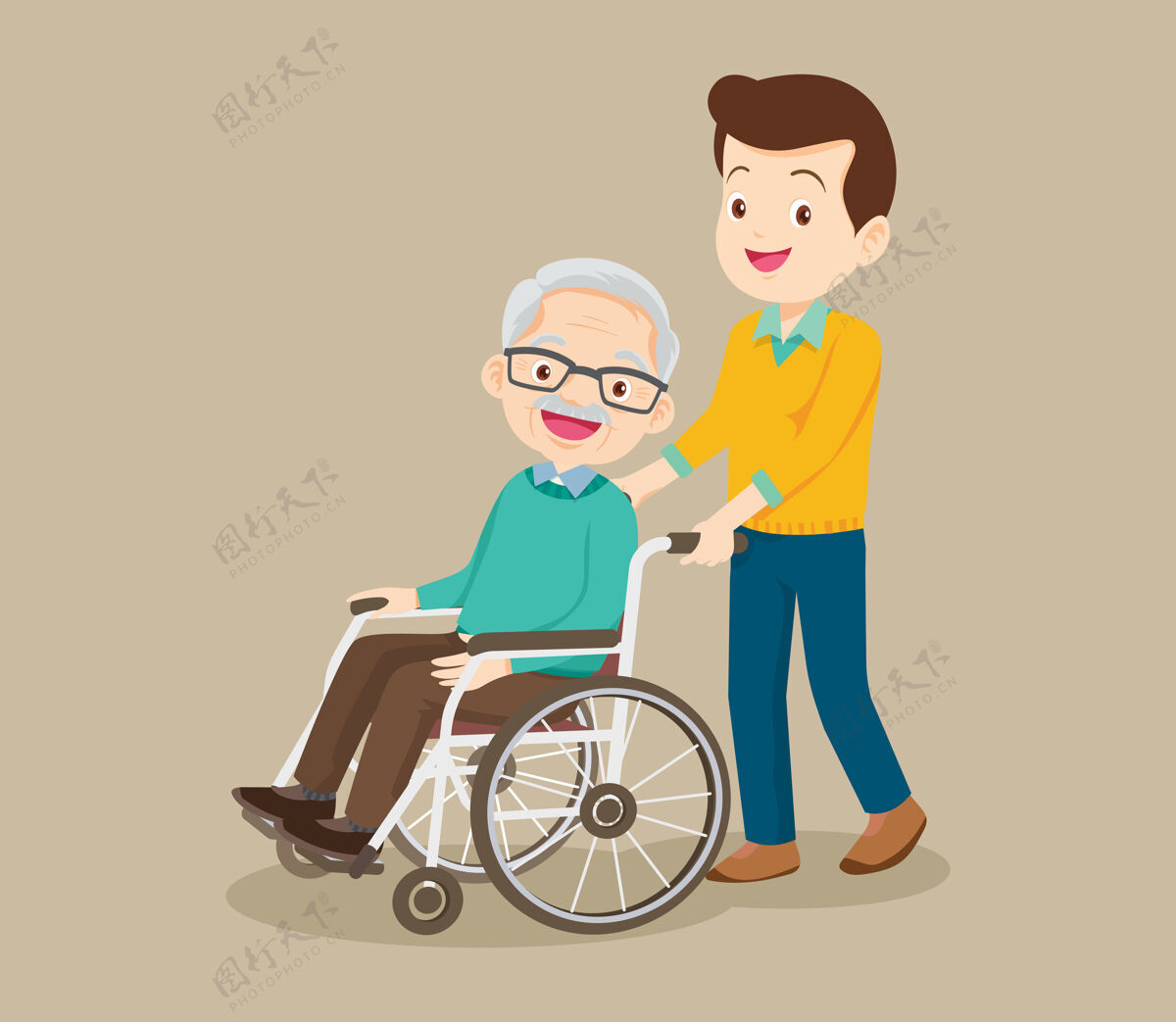 残疾年轻人和坐轮椅的老人散步悲伤祖父人