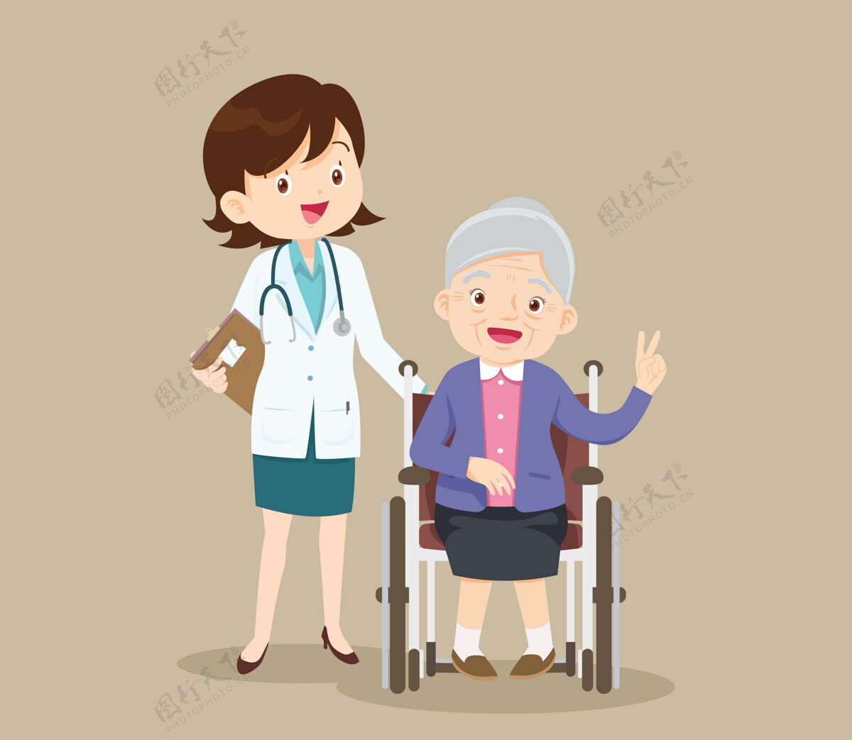 角色老人和医生坐在轮椅上照顾残疾人祖母残疾专业人士