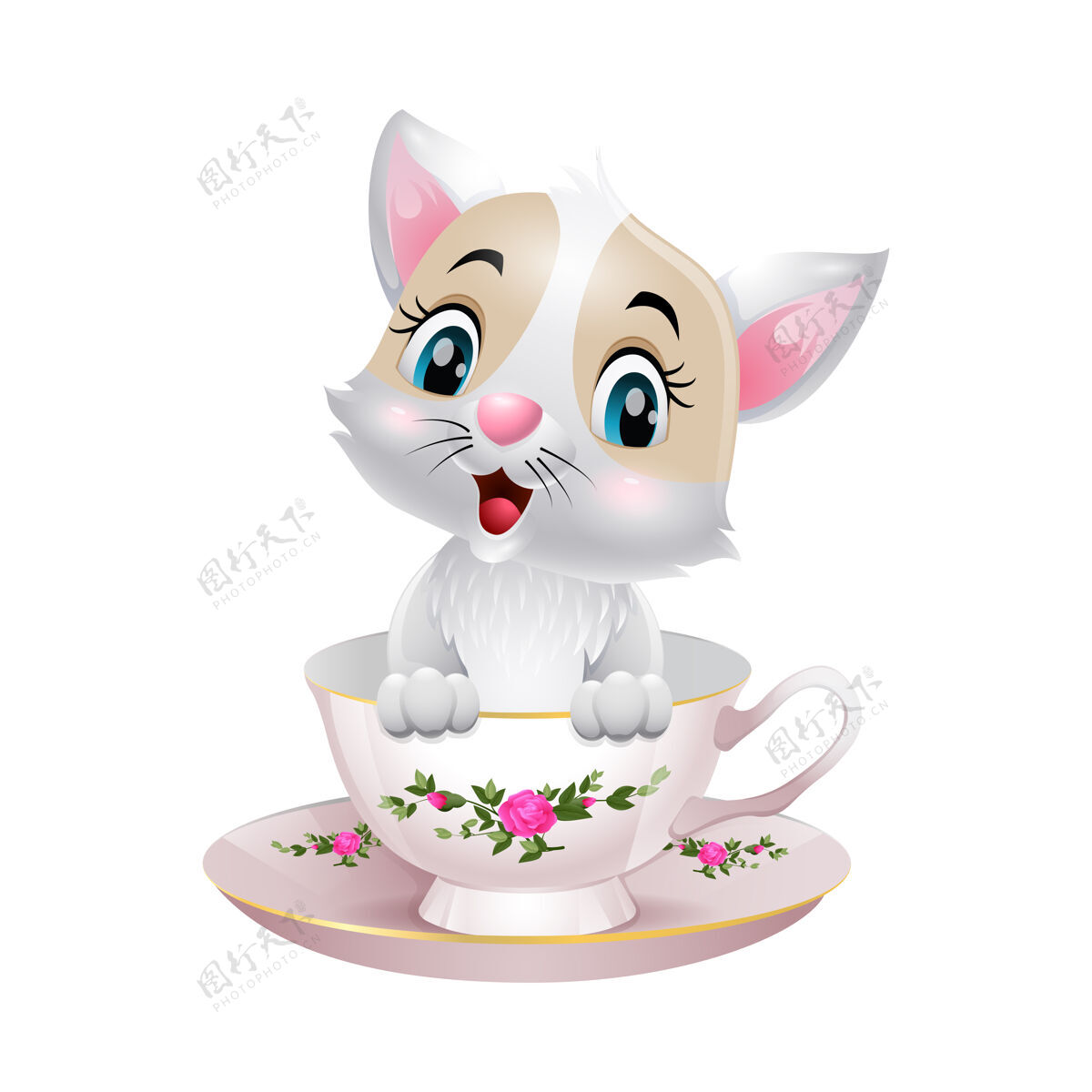 猫可爱的小猫卡通坐在杯子里咖啡动物花