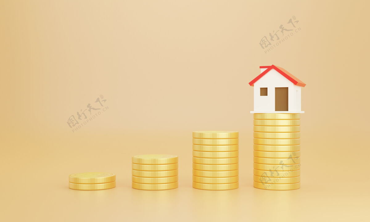 储蓄彩色背景的硬币和房子省钱商业金融买房财产房屋硬币