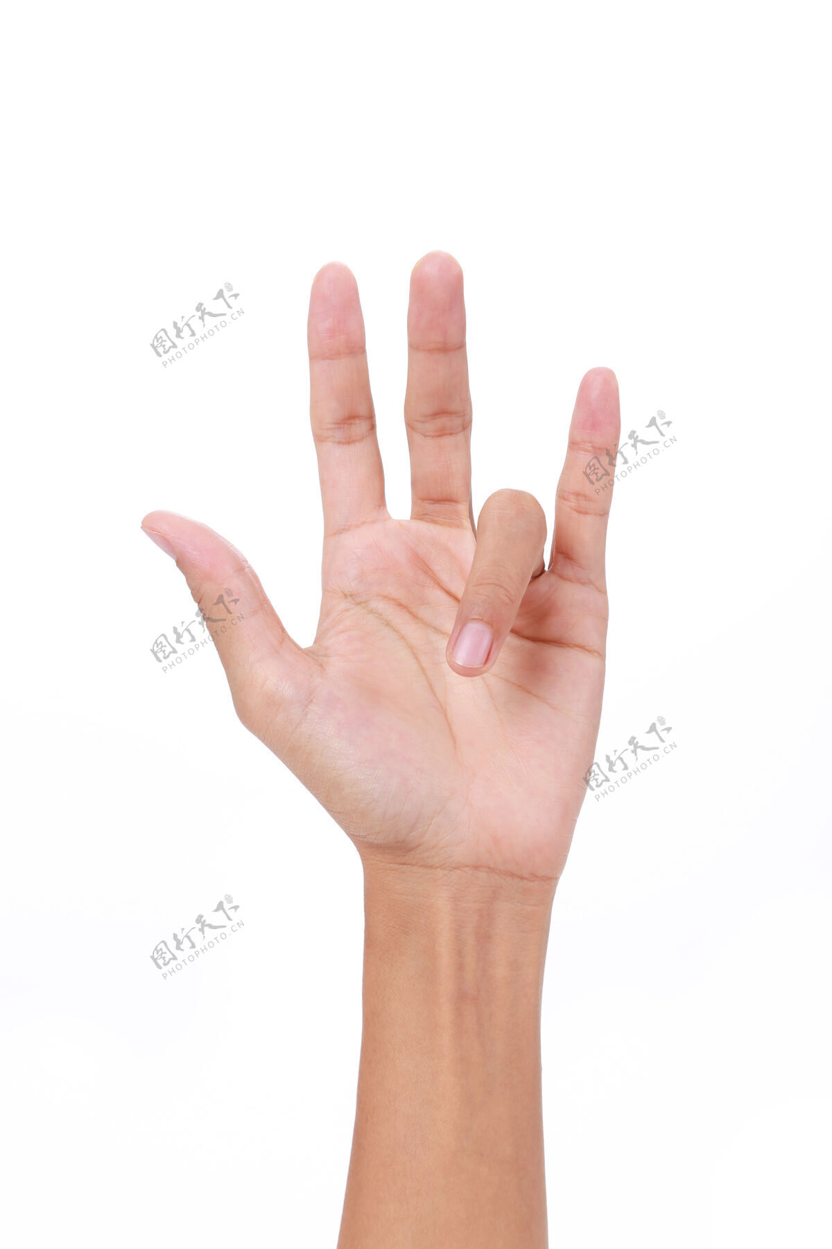 劳损白色背景上的女性触发手指的手医学综合征手