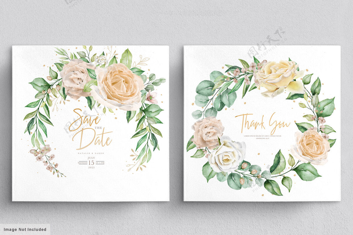 卡片优雅的水彩手绘花环和花束套装设置婚礼请柬分支