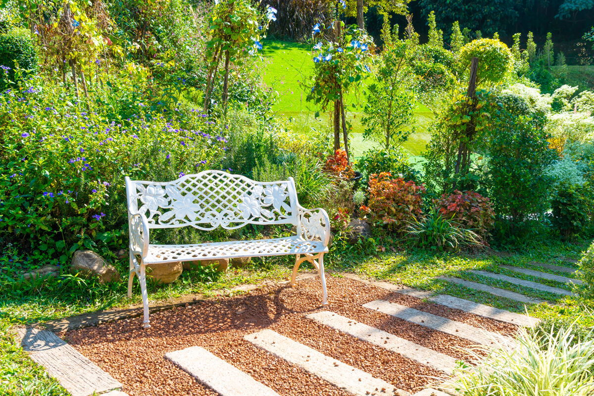空花园里的白色空椅子小屋园艺休闲