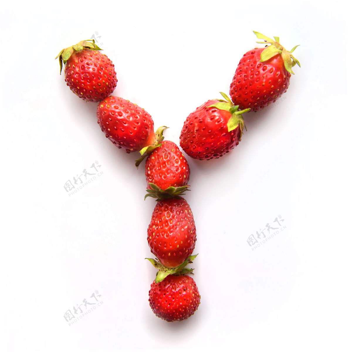 团体白色背景上红色新鲜草莓的英文字母y字母表字体叶子