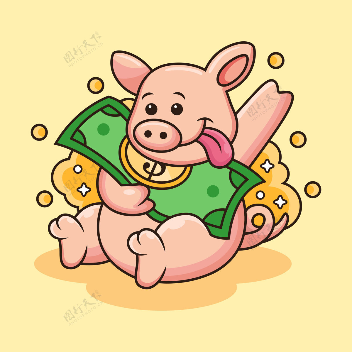 财富可爱猪带钱图标插图.动物吉祥物卡通人物可爱的姿势债务猪肉现金