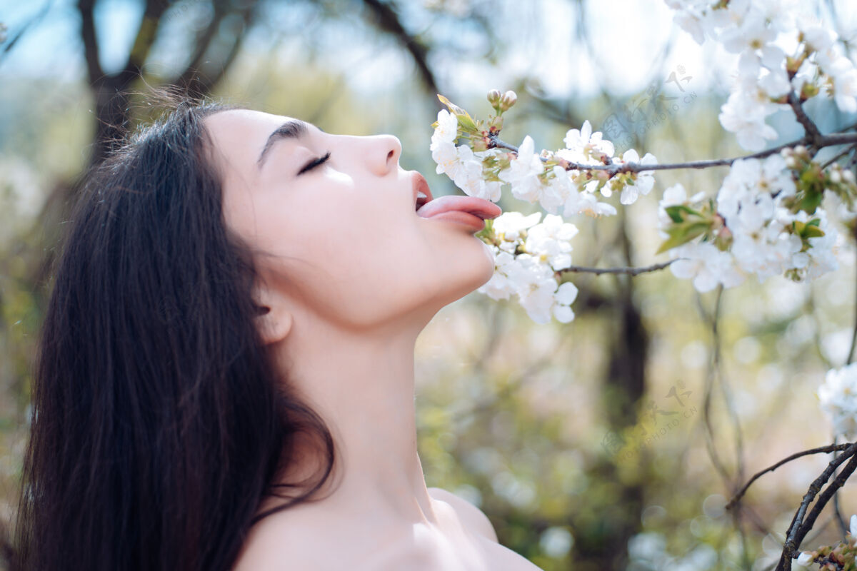樱花盛开的樱桃旁的女士树春天女人用手舔樱花舌头女孩长发在平静的脸上 靠近柔嫩的白花平静花园舌头