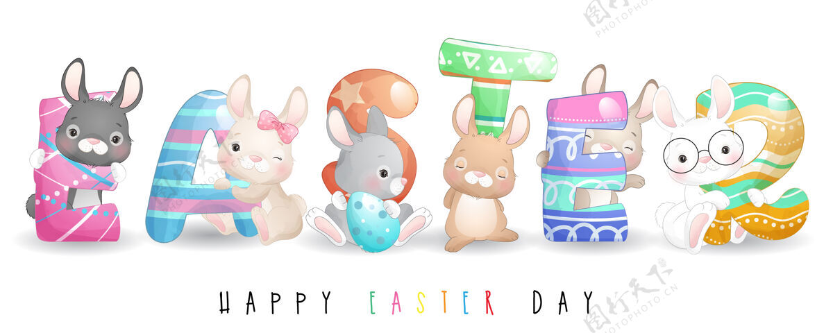 可爱可爱的涂鸦兔复活节快乐鸡蛋兔子卡通