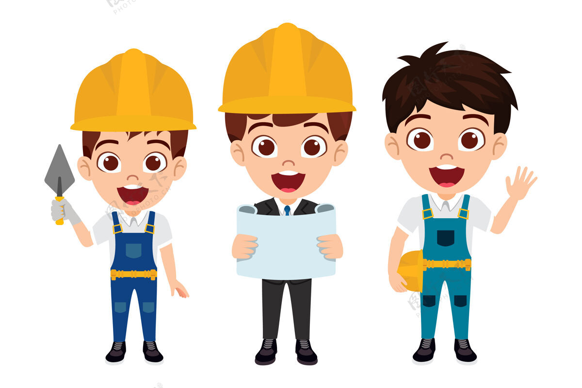 男性快乐可爱聪明的男孩角色穿着建筑工人服装 表情开朗 与工程师隔离制服劳工头盔