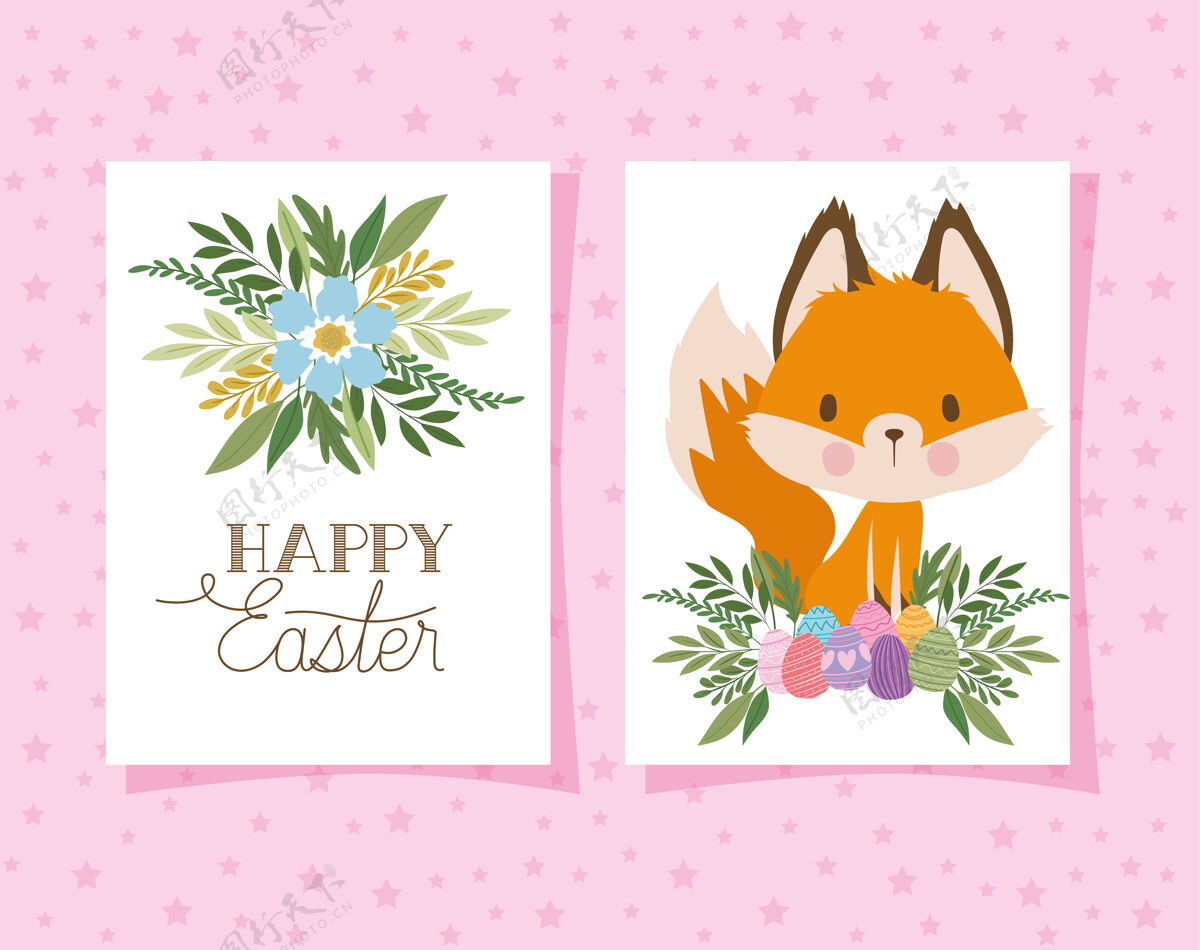宝贝请柬上印有复活节快乐字样 一只可爱的狐狸和一个装满复活节彩蛋的篮子 背景为粉色插图设计春天花可爱