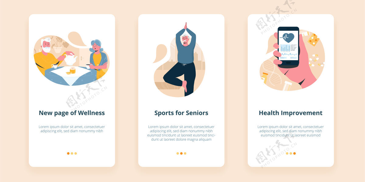 健康三个屏幕的移动老年健康应用程序说明老年人的体育活动插图女人爱好