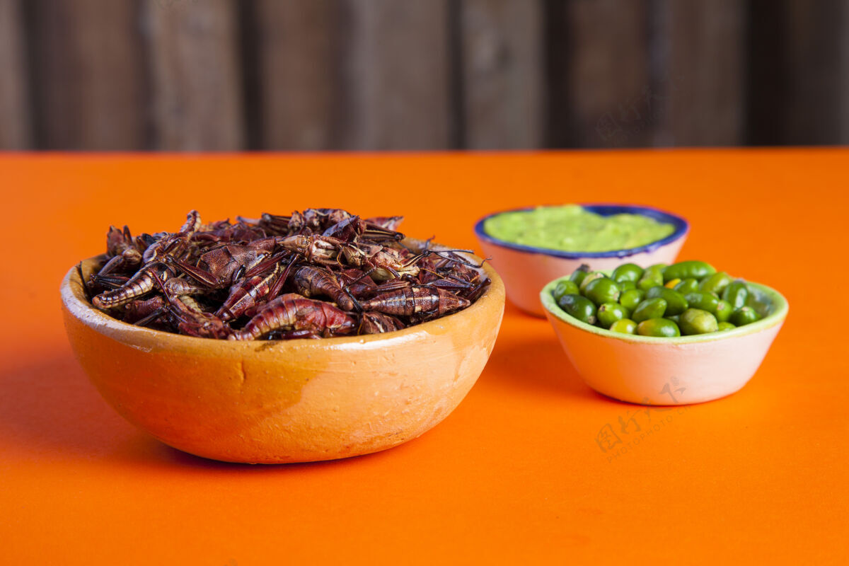 有机蚱蜢小吃.传统的墨西哥菜昆虫本地菜莎莎