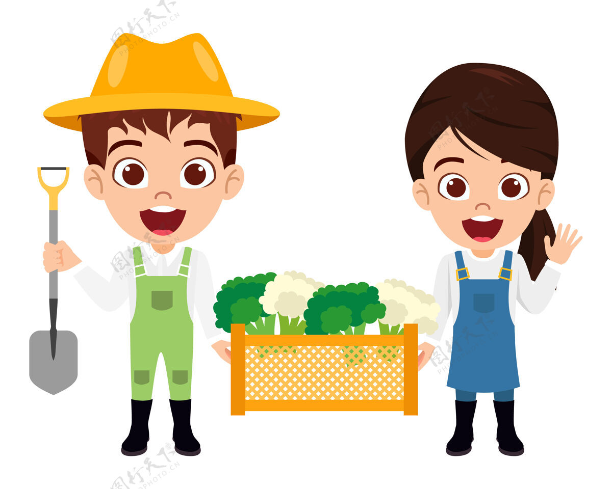 农场穿农民服装的男孩女孩角色涂鸦卡通花椰菜