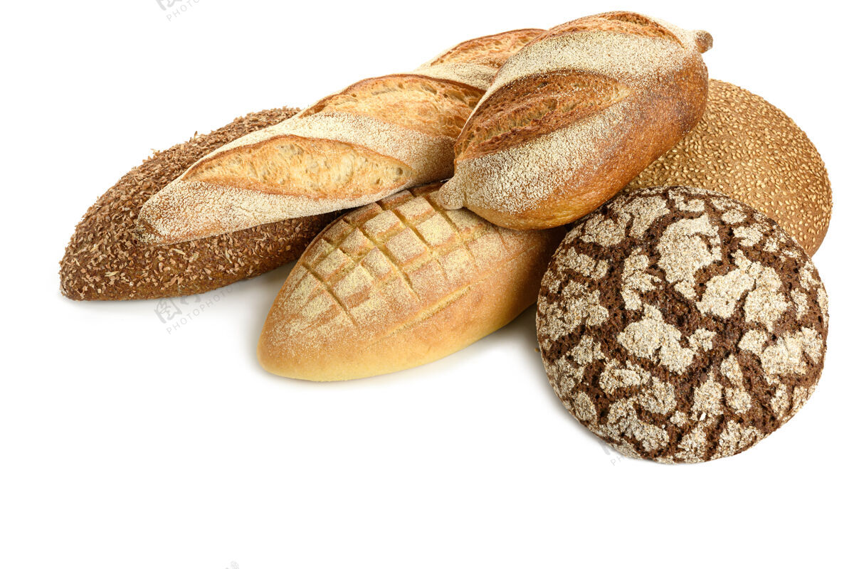 面包不同类型的面包在白色背景上善良面包皮美味