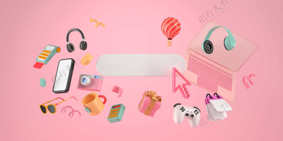 电子商务最小搜索栏和粉红色光标的三维渲染购物服务互联网