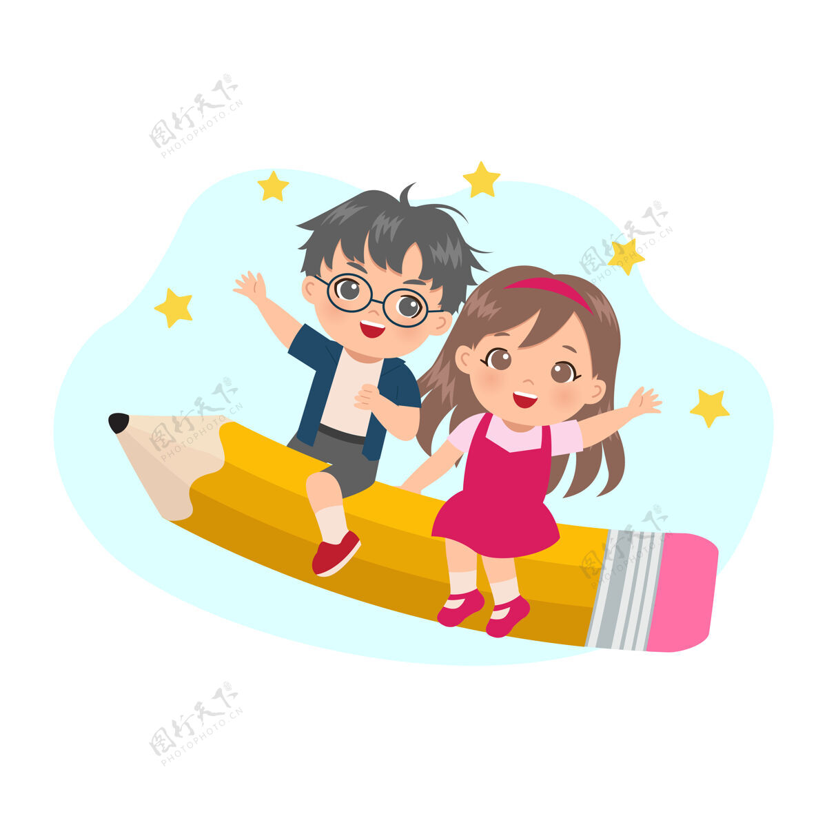 铅笔可爱的男孩和女孩骑在大铅笔上快乐正面 背面去学校concept.flat公司卡通设计幼儿园活动乐趣