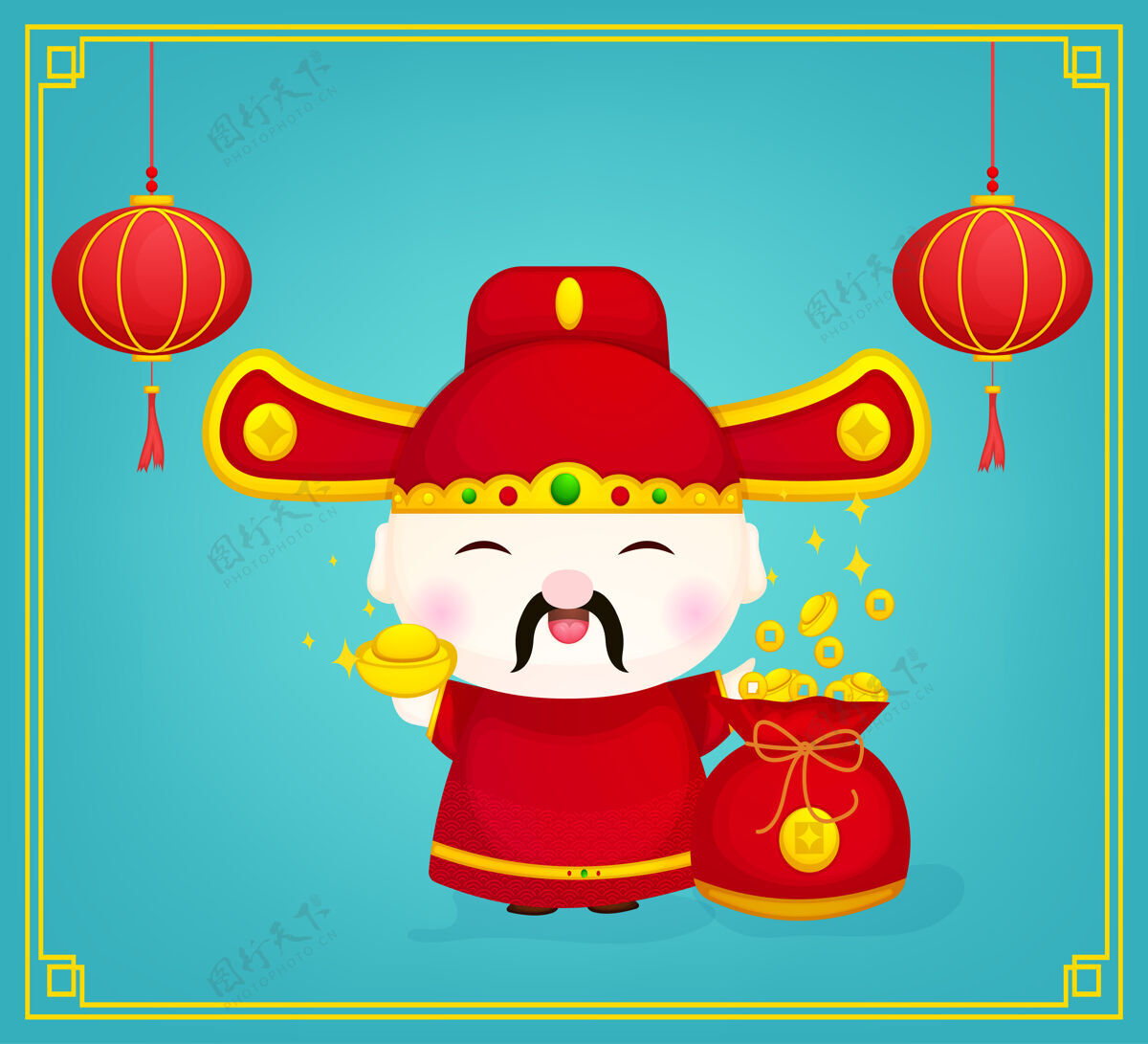 麻袋可爱的中国财神与金色卡通人物农历新年中国传统