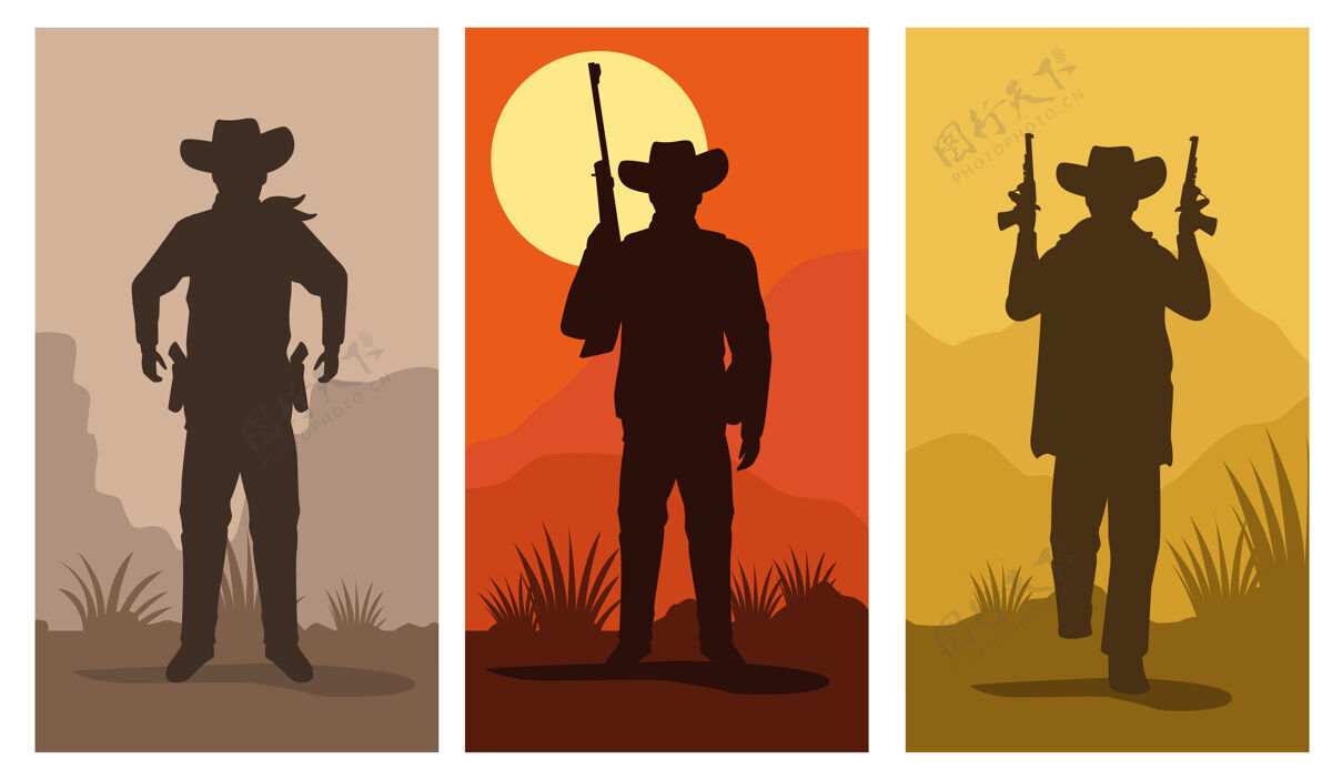 人牛仔人物剪影配枪人物场景矢量插画设计西部男人乡村