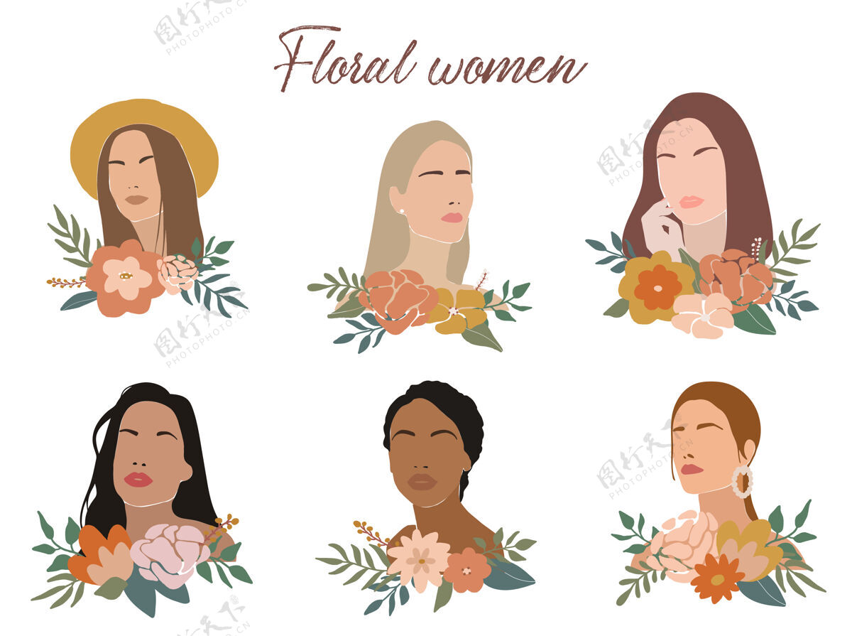 多样性一套带花的抽象女性肖像脸波西米亚时尚