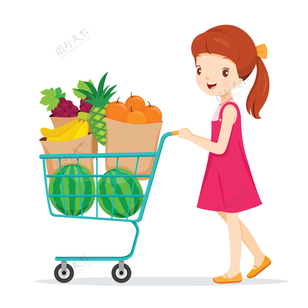 超市女孩推着购物车带着很多水果 健康饮食购物车买购物