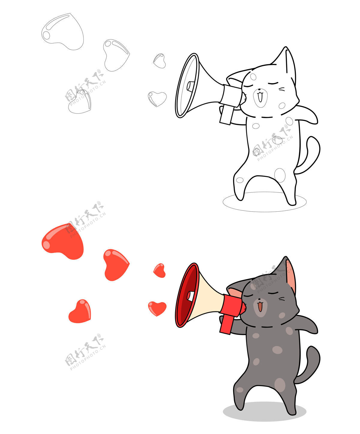 轮廓可爱的猫咪正在喊爱字卡通轻松上色页面动物着色扩音器