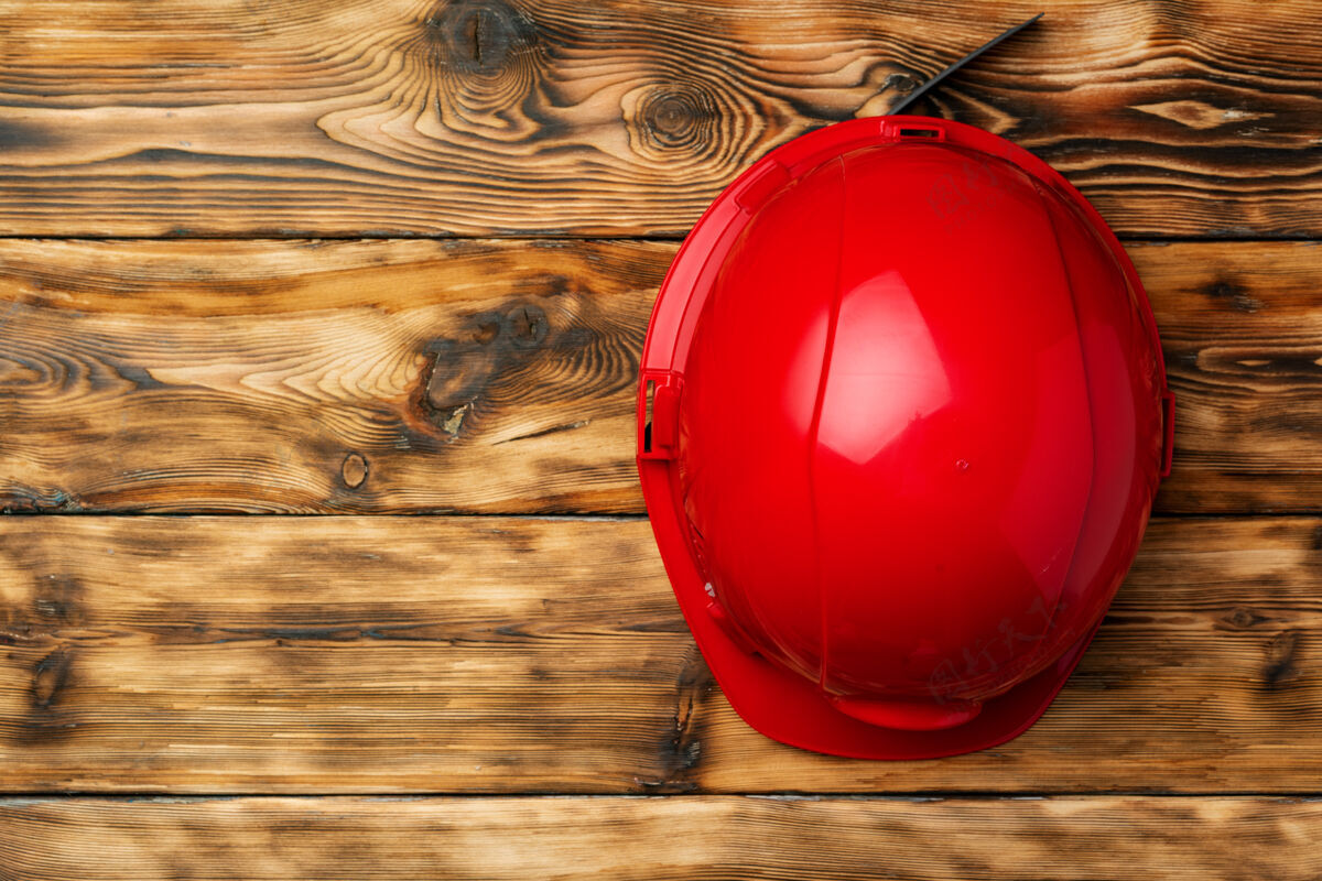 帽子木制顶视图上的工作安全防护安全帽物体工作建筑
