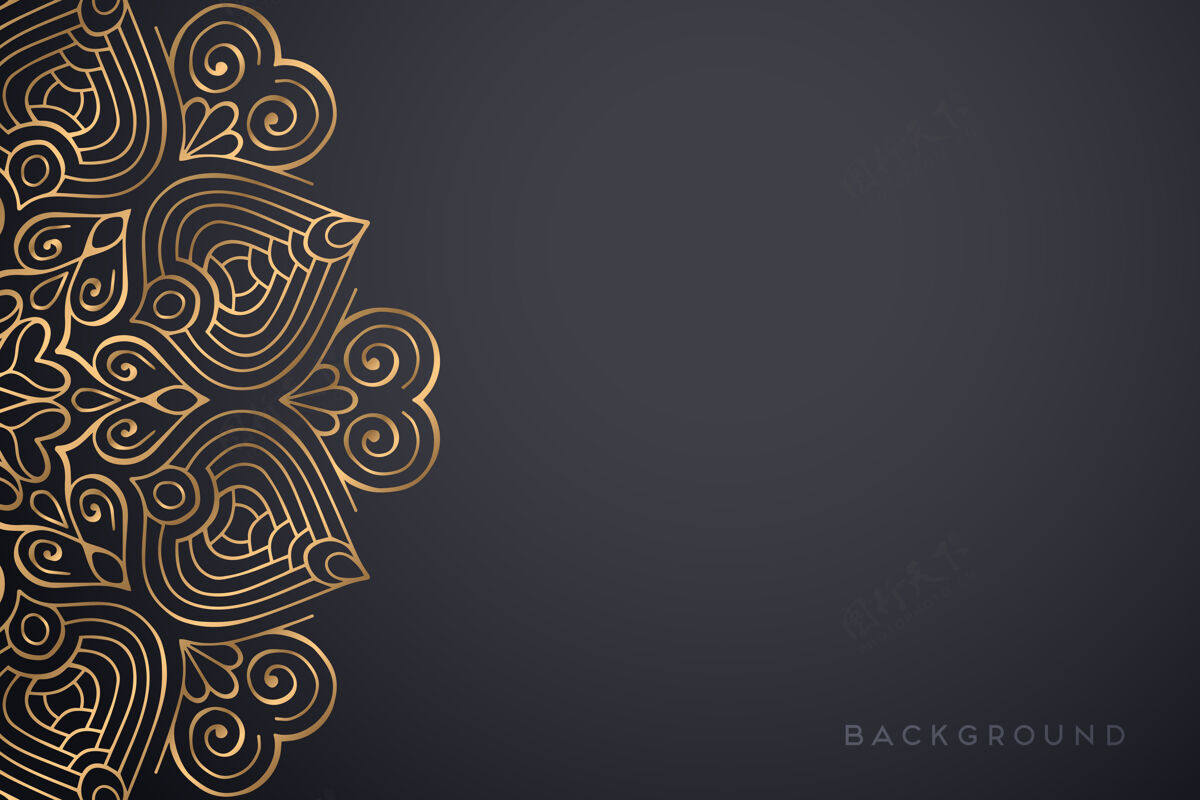 东方金色的豪华装饰曼荼罗设计背景黑色主题背景