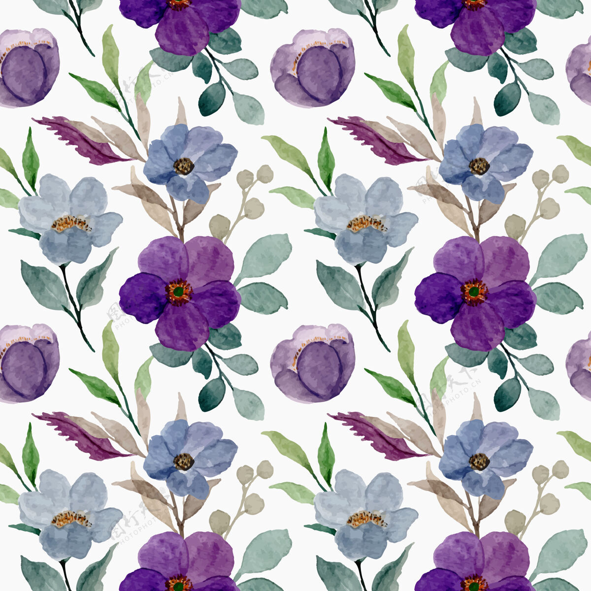 花无缝图案的紫色水彩花卉叶子水彩花卉