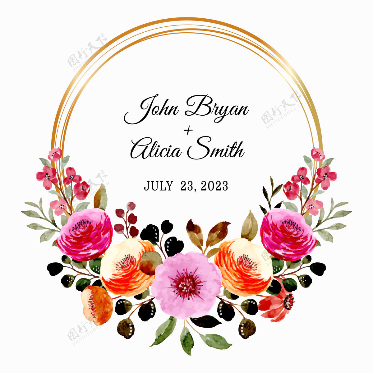 卡片保存日期：粉色棕色花环与水彩画花卉婚礼请柬框架