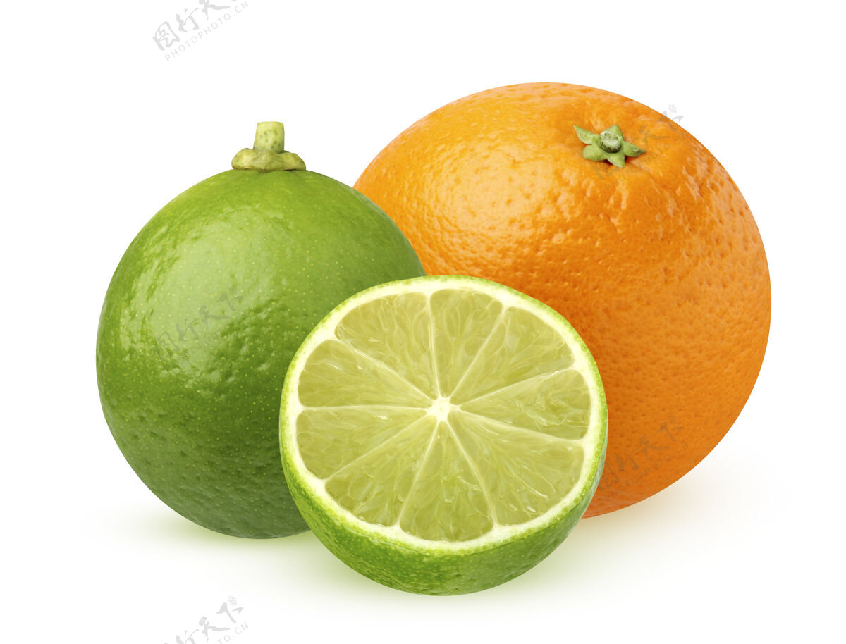 橙子隔离石灰和橙色1半个酸橙和一个橘子孤立柑橘水果小块一半酸橙