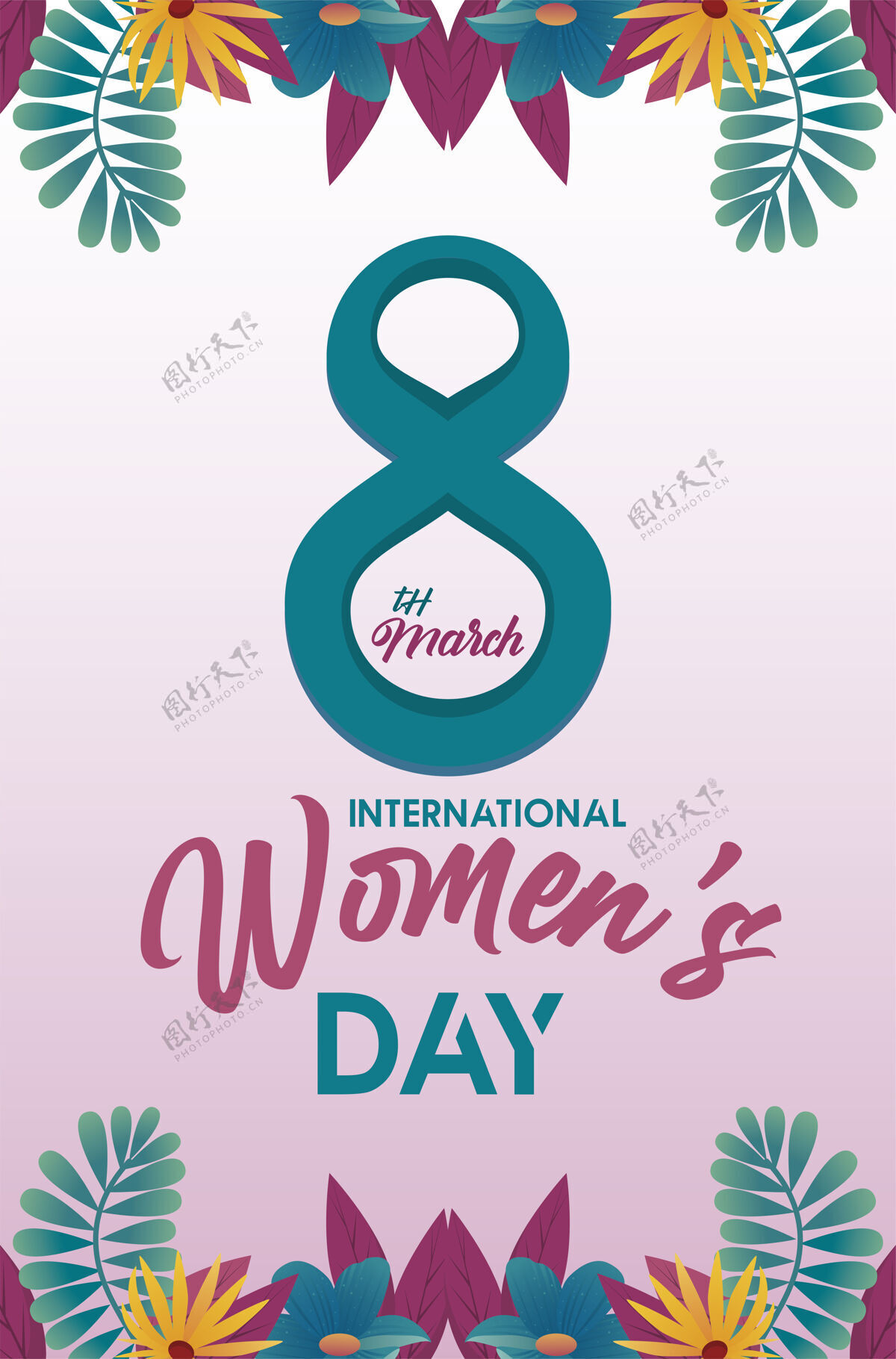 节日国际妇女节庆祝海报与数字八和热带花卉插画明信片蓝色快乐