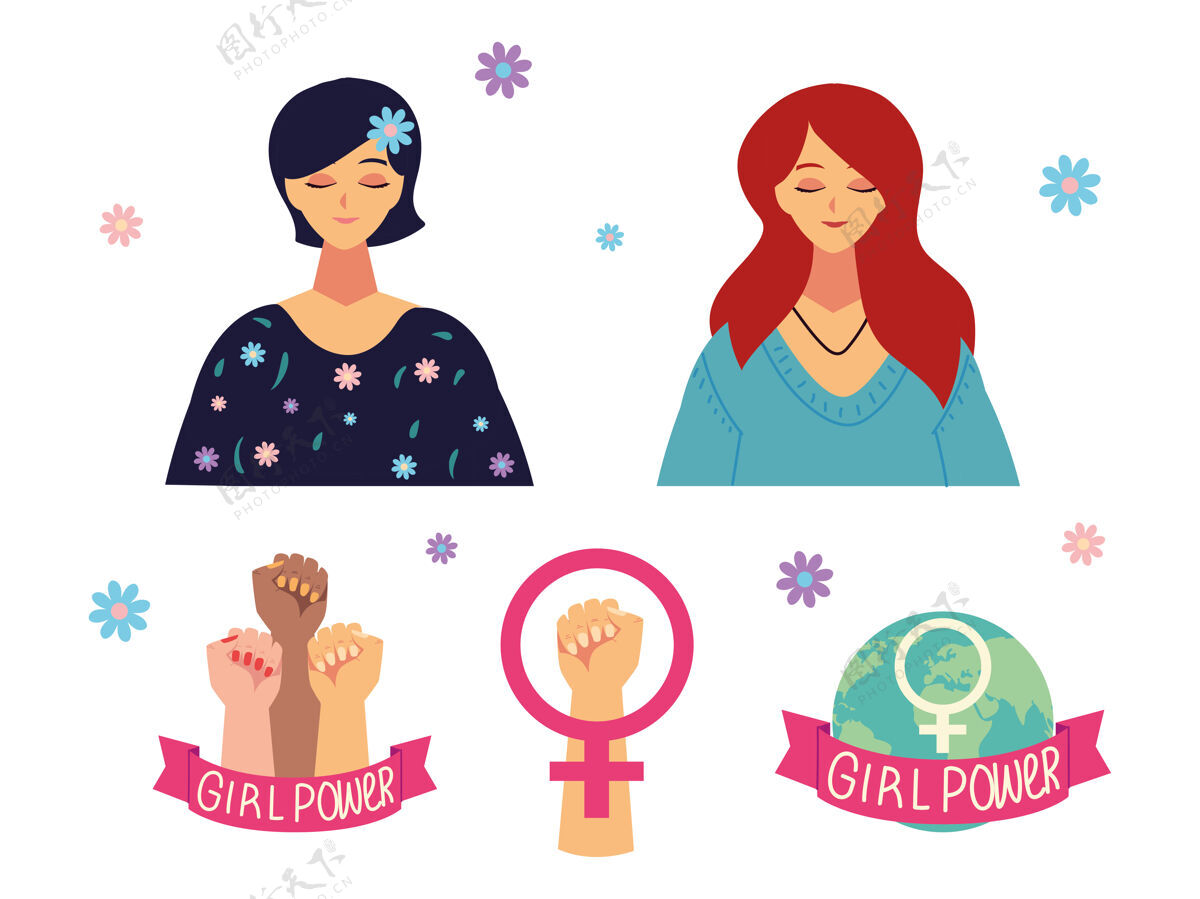 3月妇女节 肖像人物女性卡通性别和举手女孩权力插图肖像人物问候