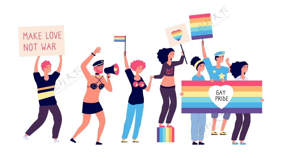 街道同性恋游行快乐的变性妇女 男孩和夫妇与彩虹旗男人关系女人