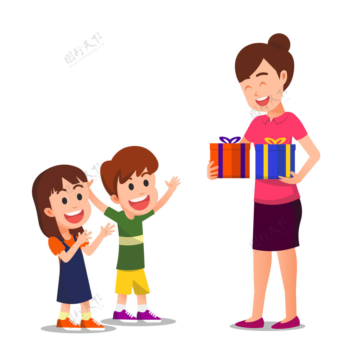 小两个孩子很高兴 因为他们收到了母亲的礼物幼儿园女孩父母