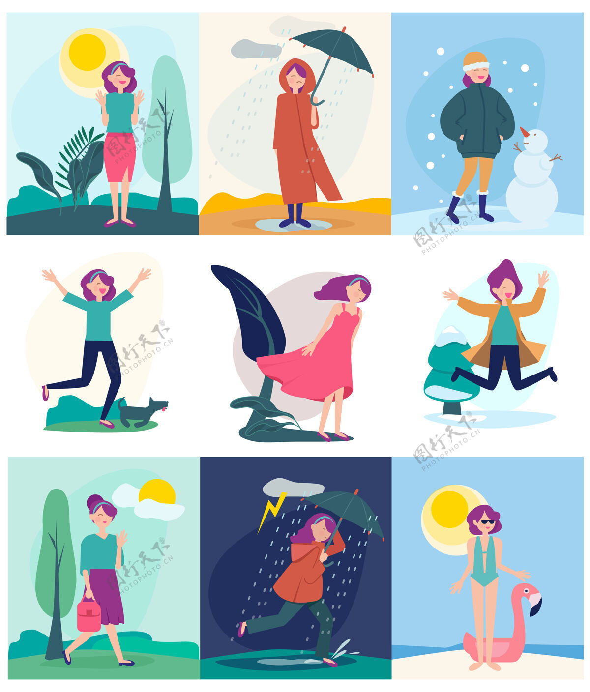 外套不同季节行走的女人的插图集天气雪卡通