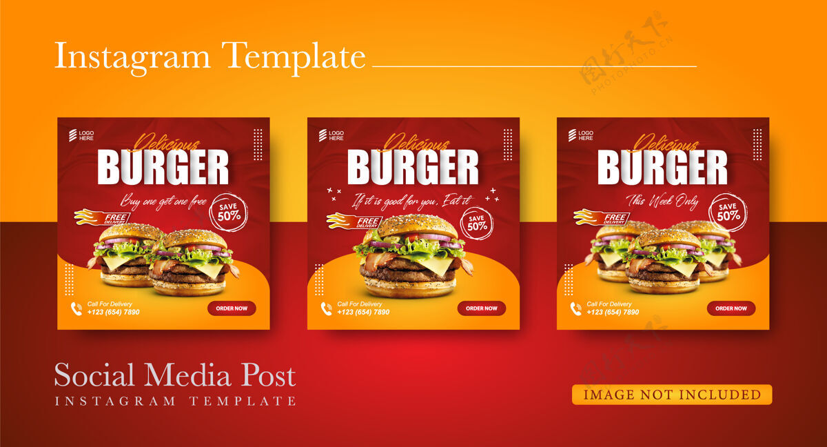 快餐社交媒体推广汉堡食品和instagram帖子设计模板食品Instagram帖子现代