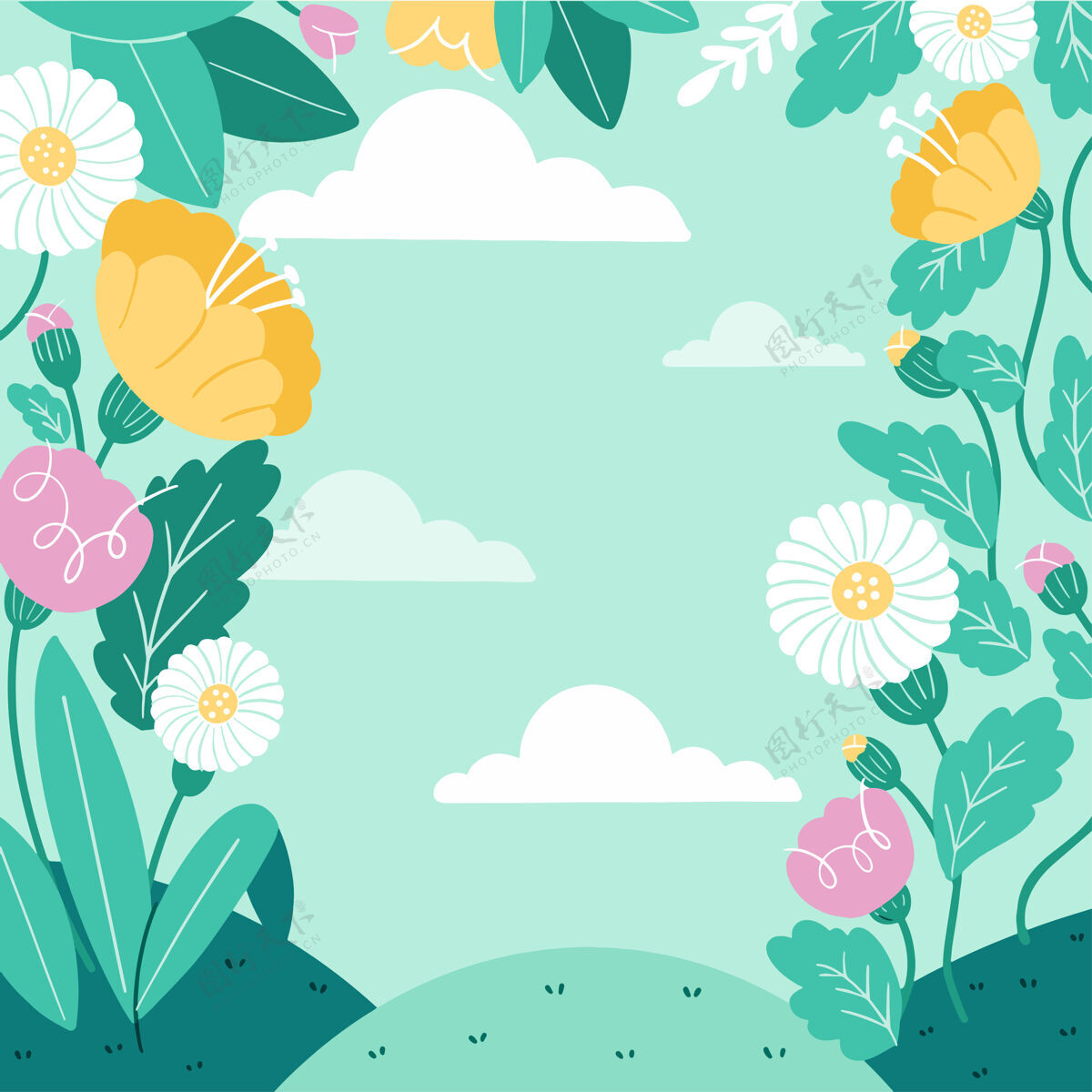 可爱清新放松的春天花园背景模板涂鸦画插图优雅叶花园