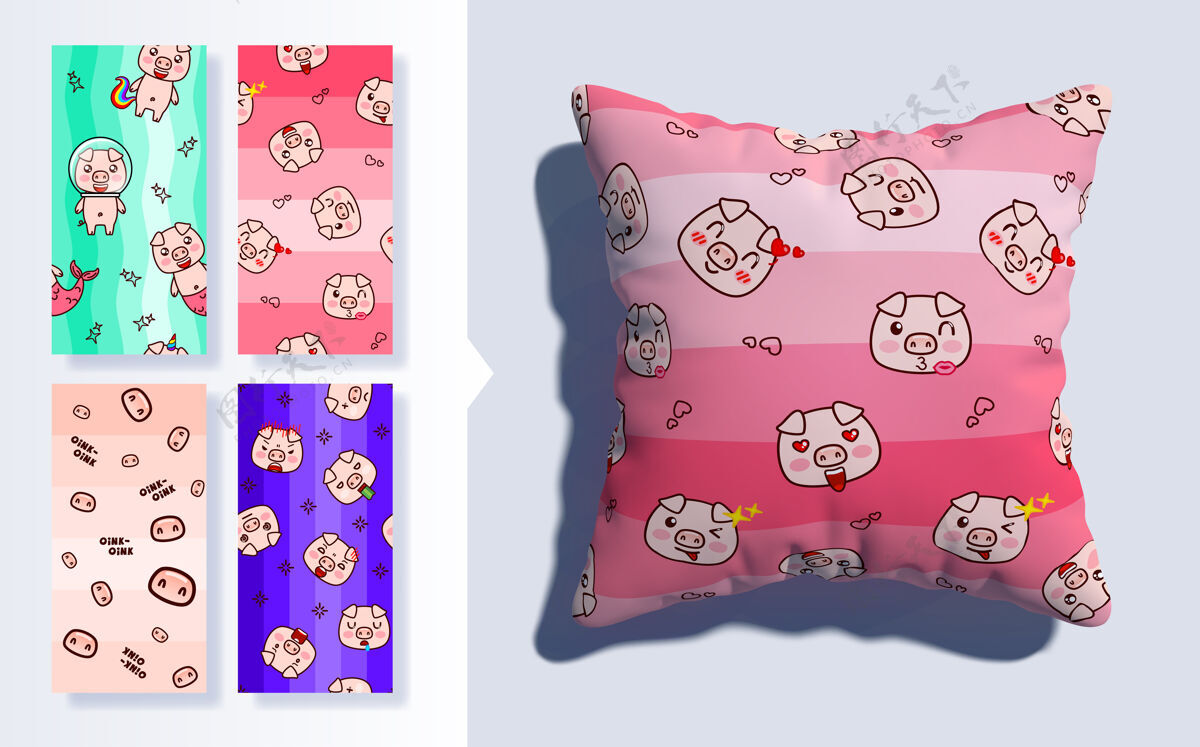 表情一套卡瓦伊无缝模式与可爱的猪和三维枕头动画脸日本