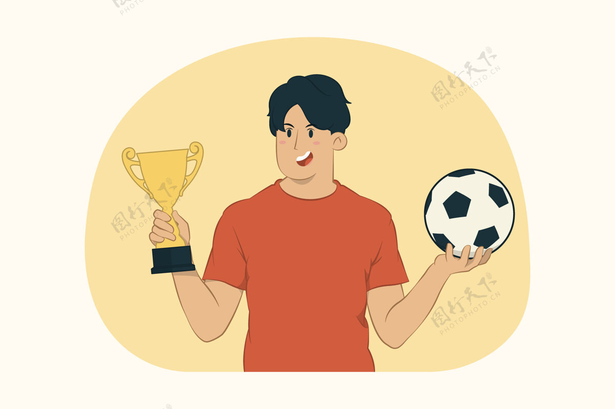 表情青年足球迷捧金杯概念足球青少年人