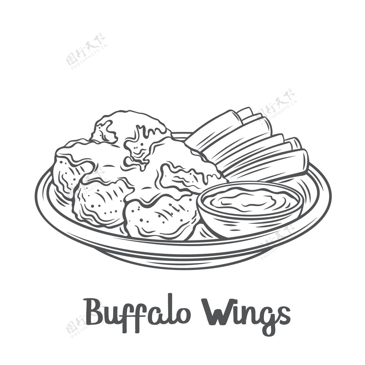 碗水牛翅膀轮廓icon.drawn烤鸡翅配芹菜梗和沙司线条年份单色