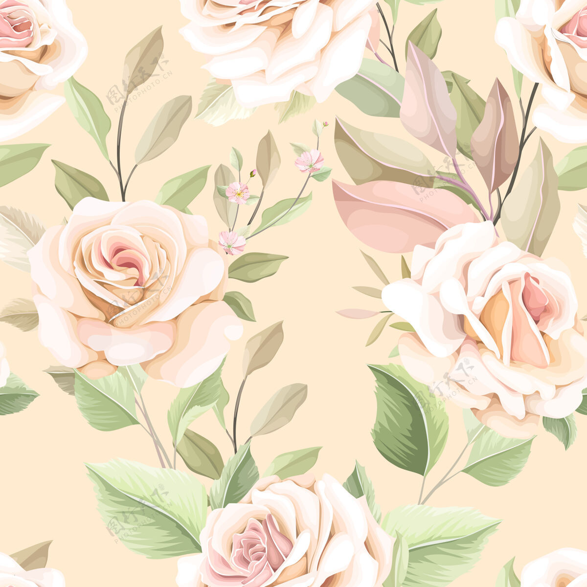 墙纸手绘花朵无缝图案玫瑰叶子水彩