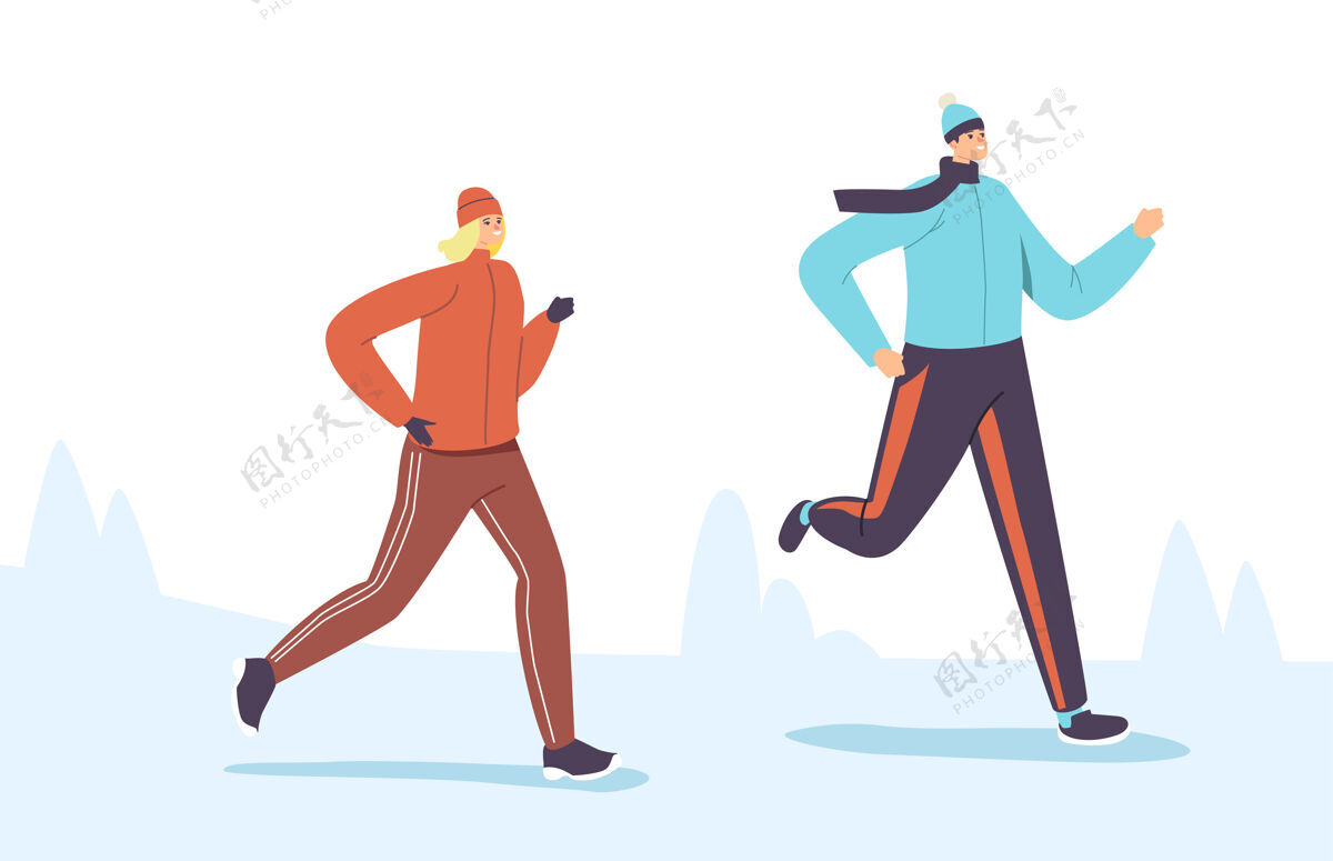 情侣在温暖的运动穿跑步冬季马拉松的人物自然放松运动