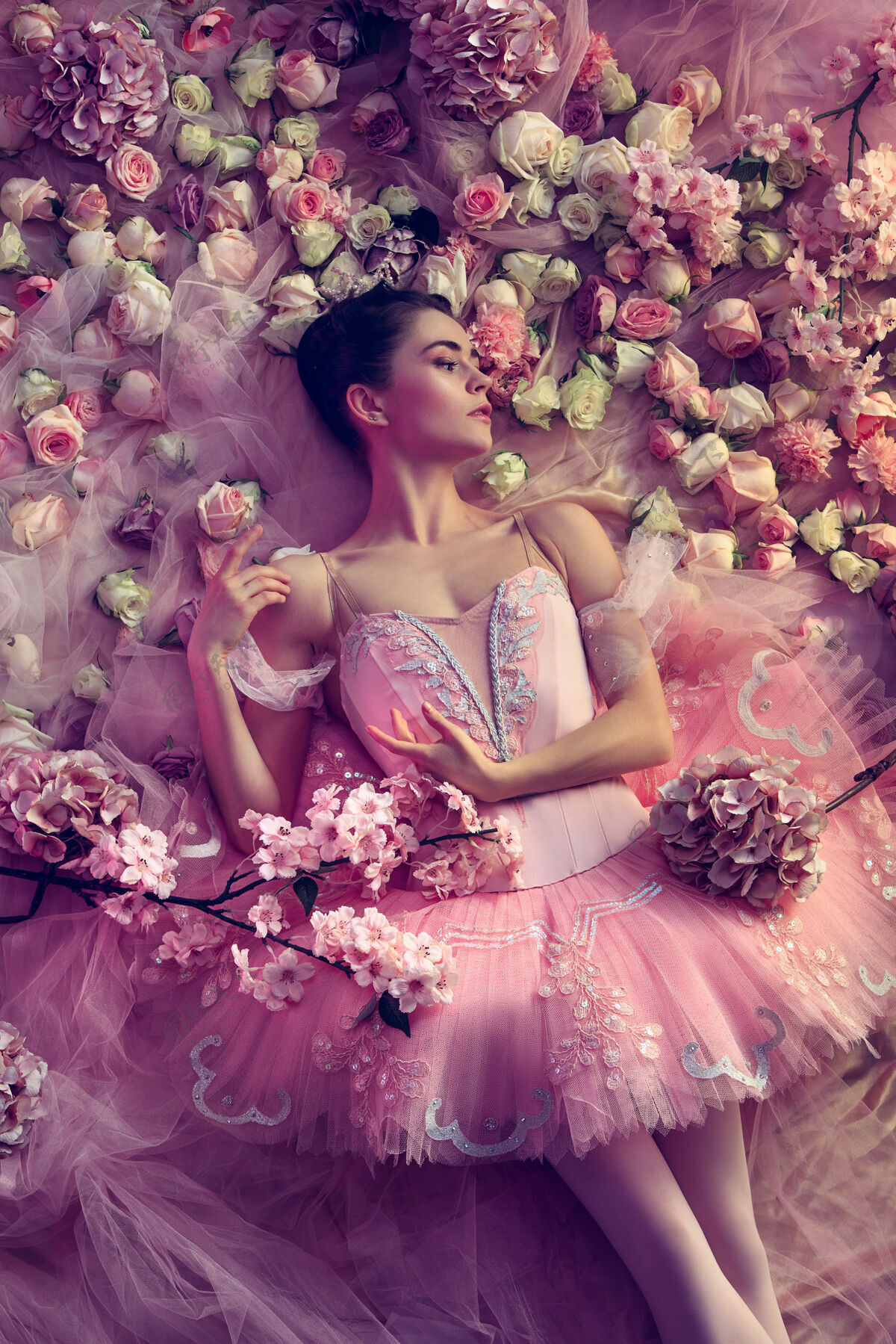 芭蕾舞绽放的灵魂美丽的年轻女子在粉色芭蕾舞团芭蕾舞团的俯视图在珊瑚光下的春天的心情和温柔艺术照片春天的概念 开花和大自然的觉醒姿势活跃芭蕾舞演员