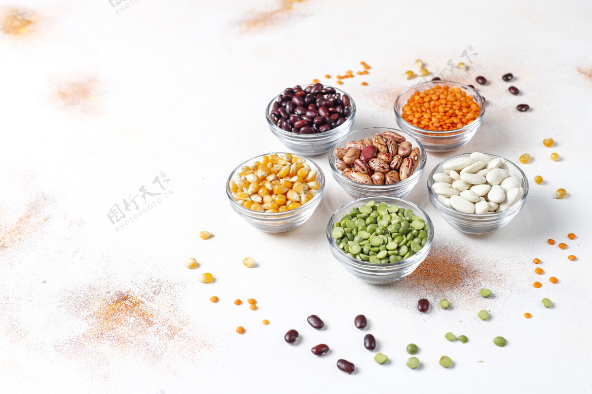 扁豆豆类和豆类品种健康的纯素蛋白质食物不同各种视图