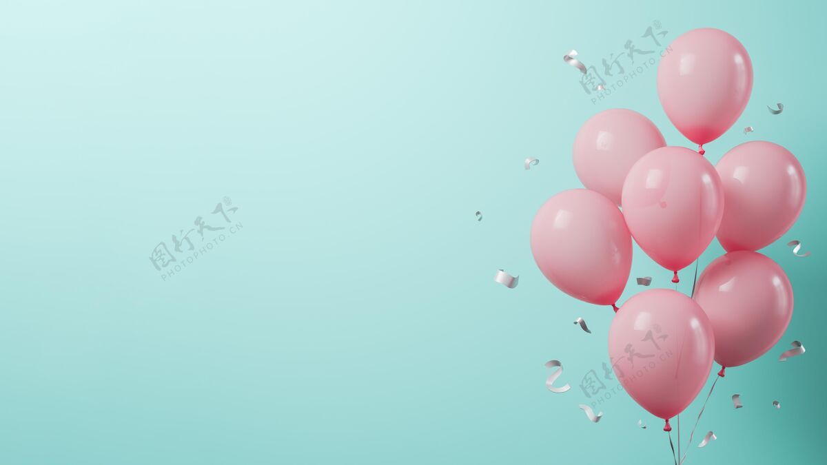 光泽有复制空间的粉色气球现实庆祝绿色背景